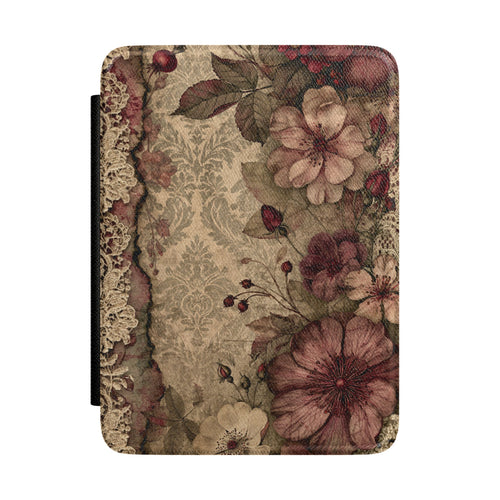 Burgundy rosehip Kindle case with wild roses and lace on beige damask
