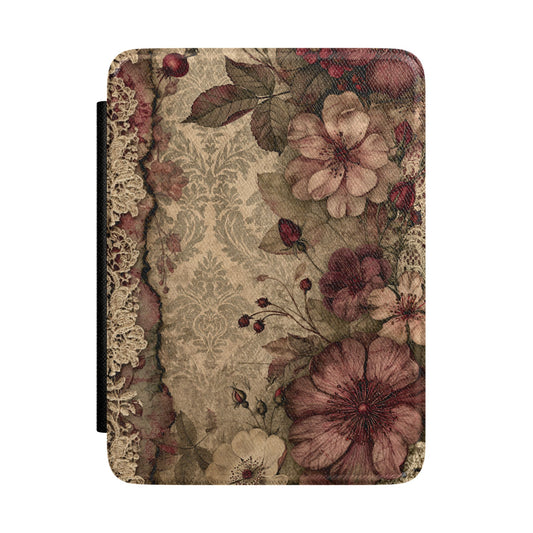 Burgundy rosehip Kindle case with wild roses and lace on beige damask