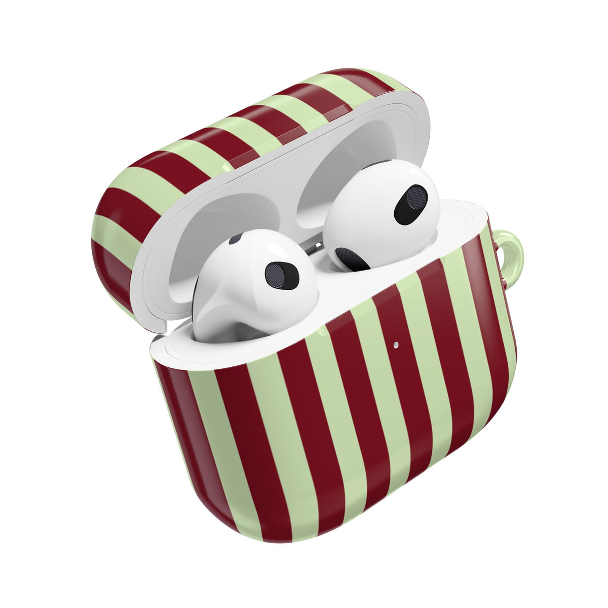 Burgundy sage striped AirPod case shown from the front