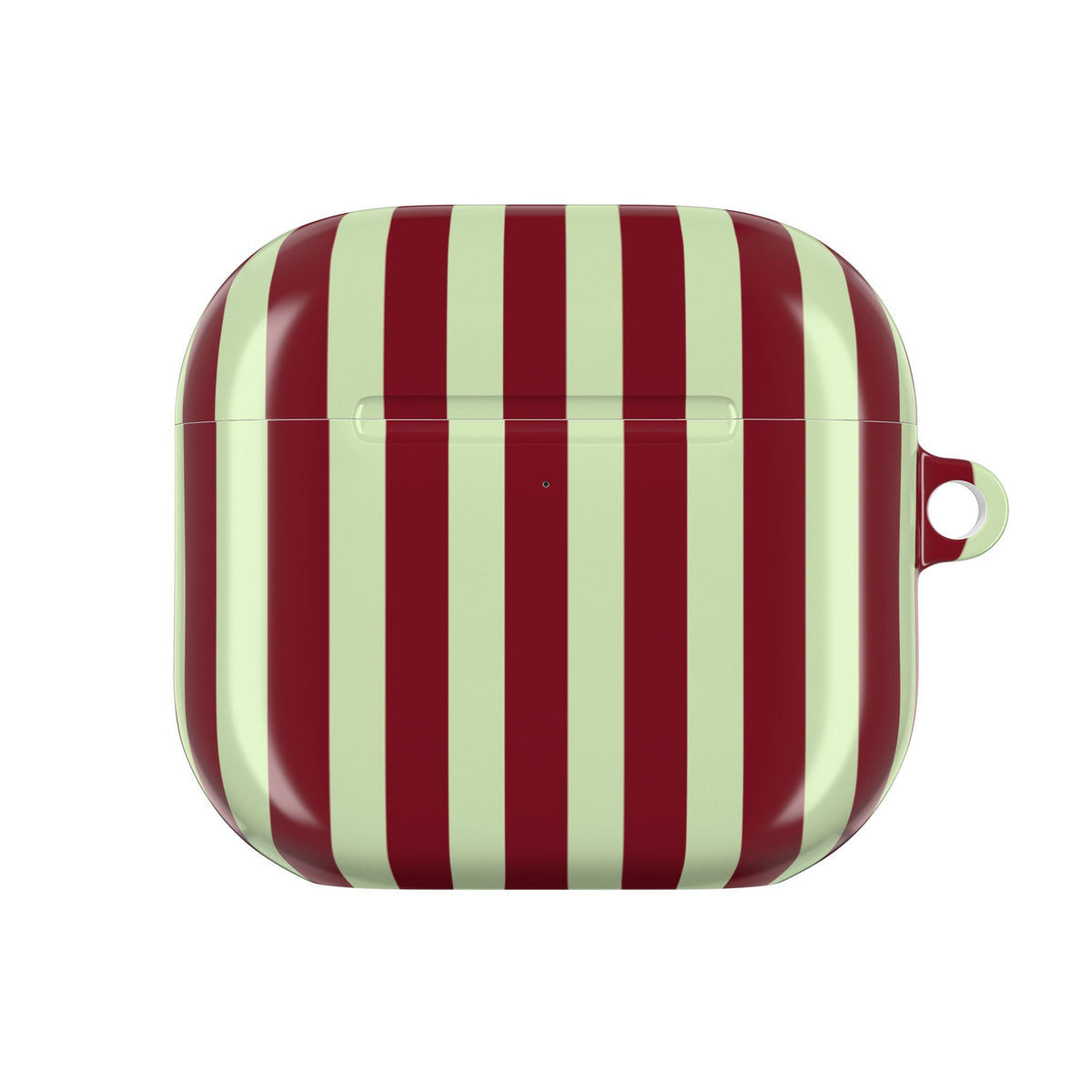 Wide stripe AirPod case in burgundy and sage green, side view