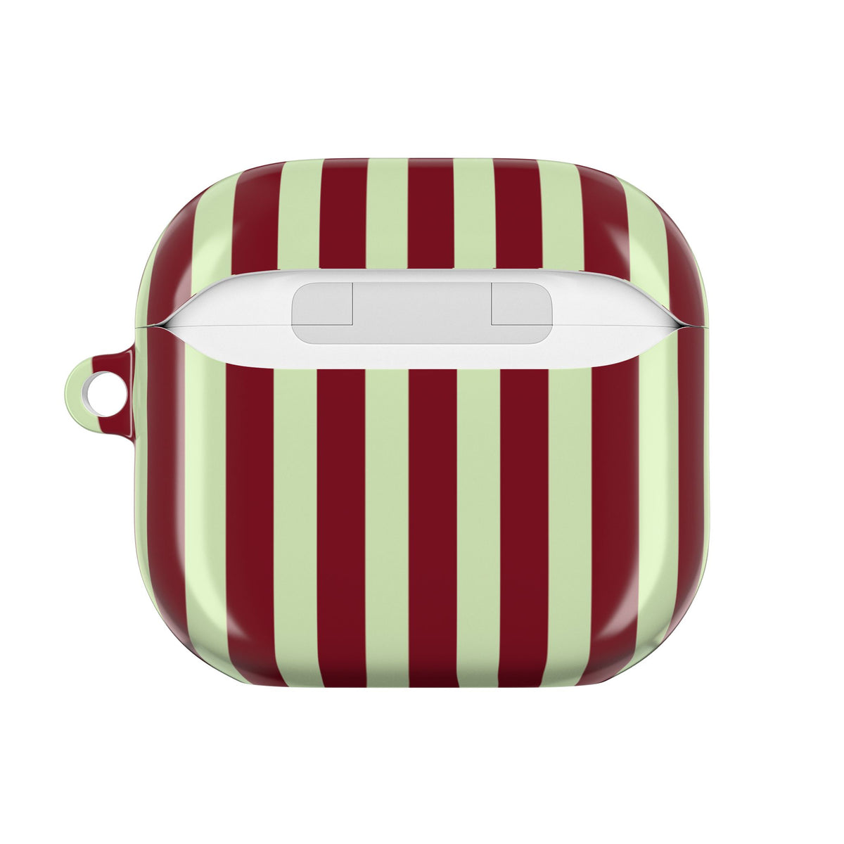 Striped AirPod case held in hand