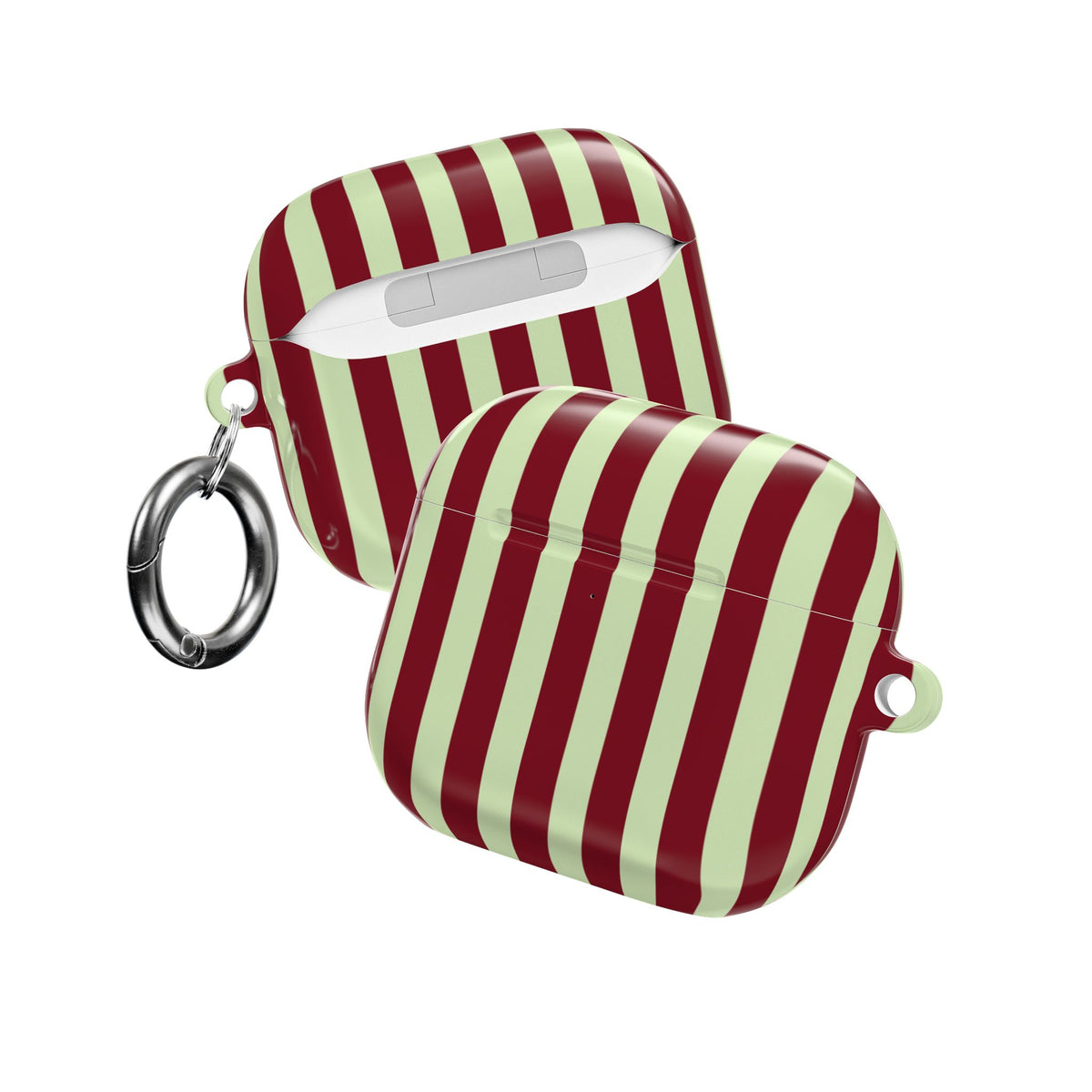 Burgundy sage striped AirPod case with the lid open