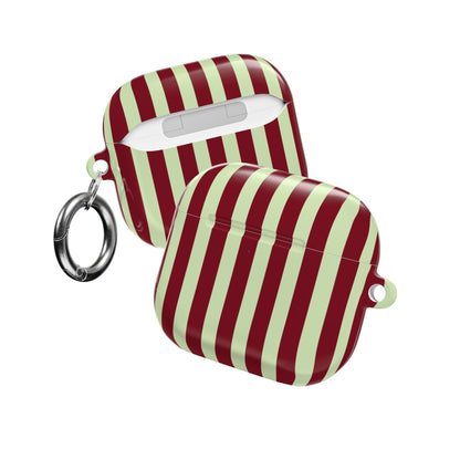 Burgundy sage striped AirPod case with the lid open
