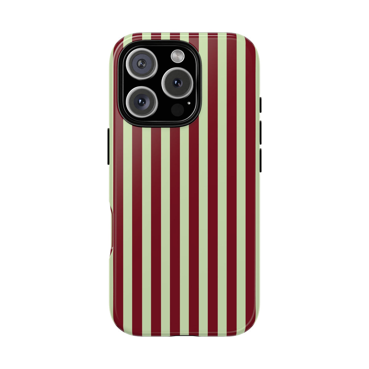 Wide stripe tough phone case in burgundy and sage green, back view