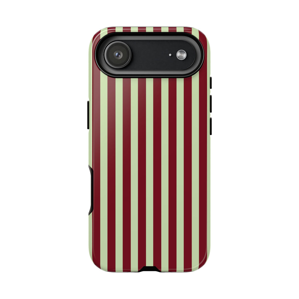 Burgundy sage striped tough phone case held in hand
