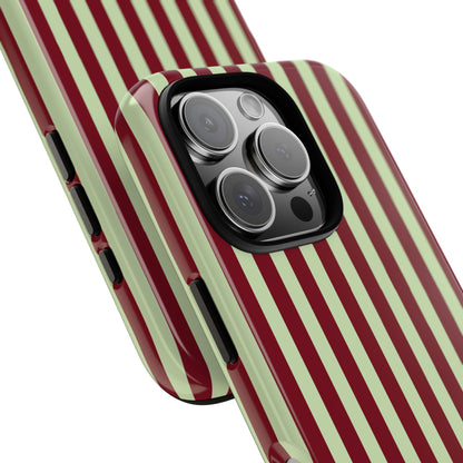 Dual layer tough phone case with wide burgundy and sage green stripes