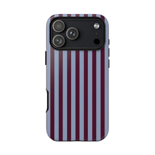 Burgundy and slate blue striped tough phone case, back view