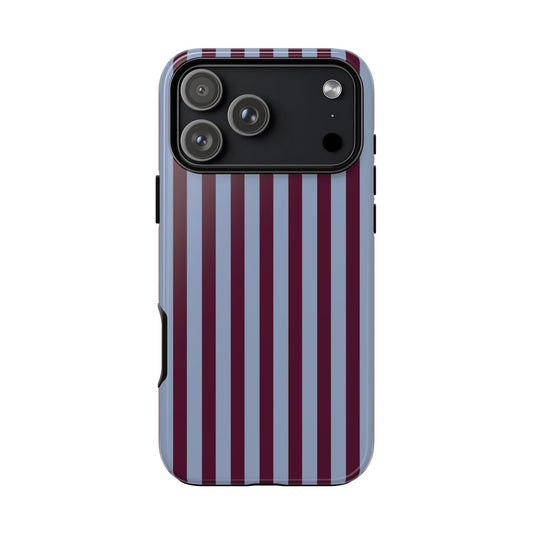 Burgundy and slate blue striped tough phone case, back view