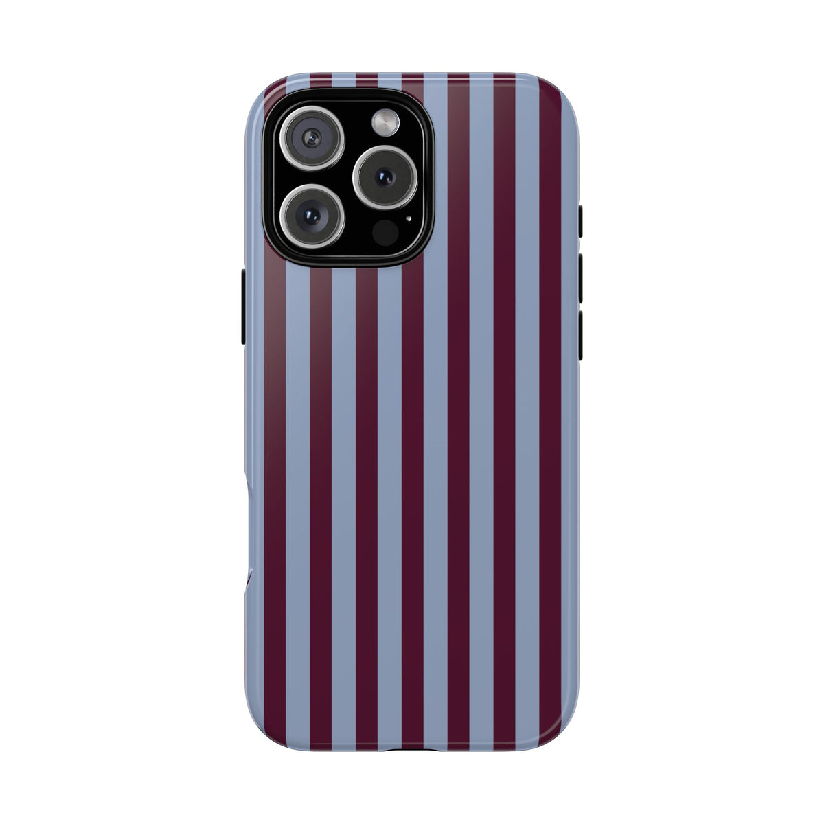 Slate blue and burgundy pinstripe tough phone case, side profile