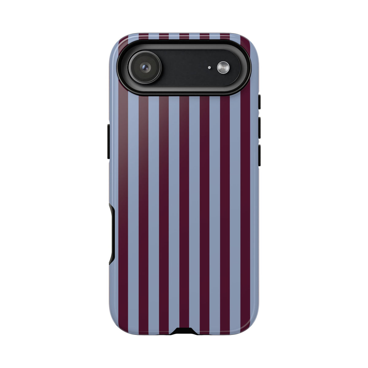 Burgundy slate blue striped tough phone case, camera cutout detail