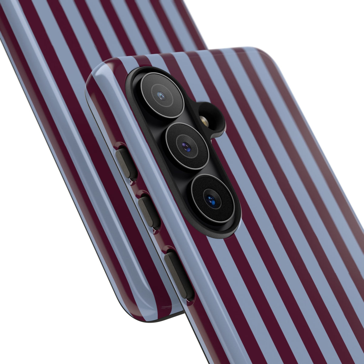 Burgundy and slate blue pinstripe phone case on a neutral background