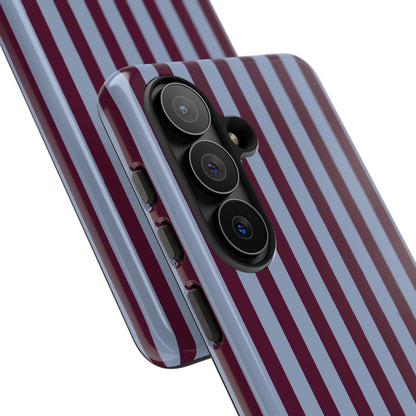 Burgundy and slate blue pinstripe phone case on a neutral background