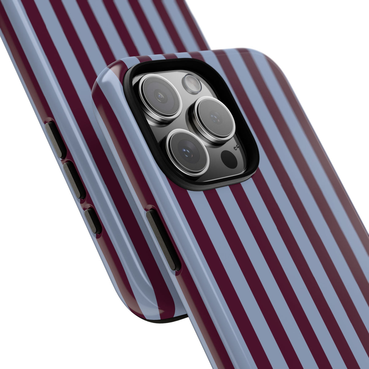 Preppy burgundy slate blue striped tough phone case, front and back