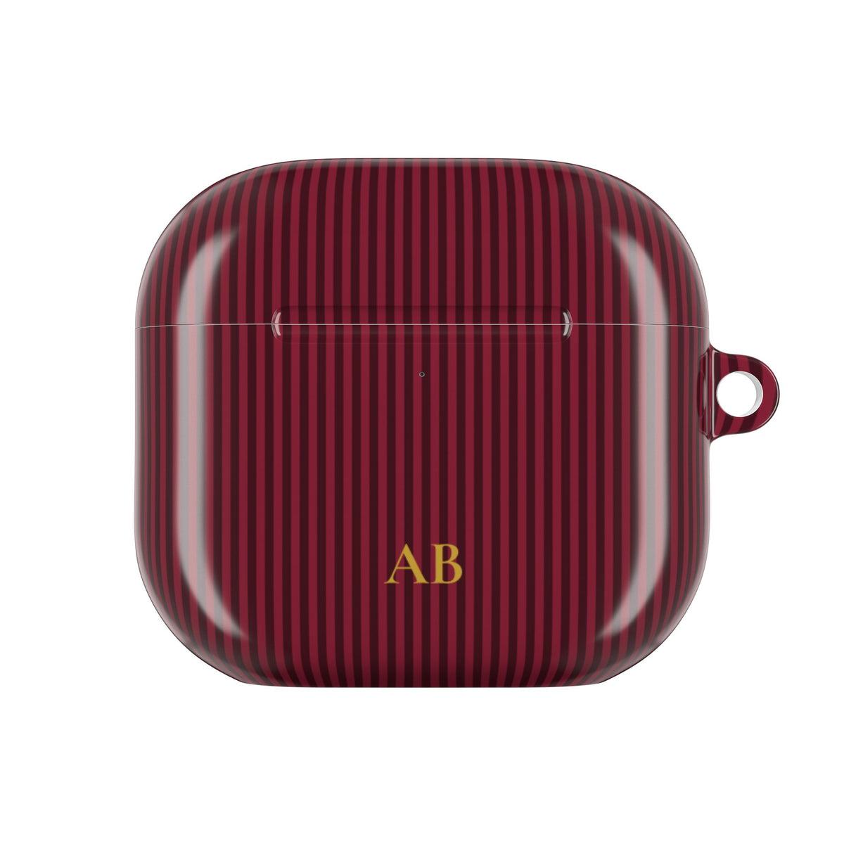 Burgundy striped personalized AirPod case held in hand