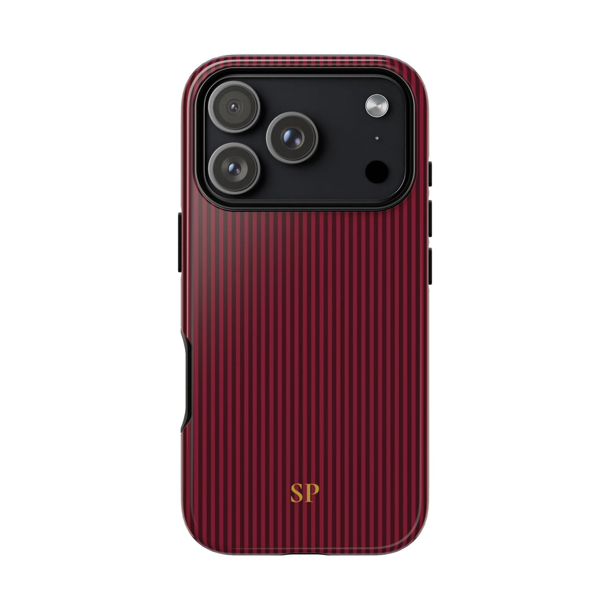 Personalized burgundy striped tough phone case with gold monogram