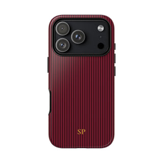 Personalized burgundy striped tough phone case with gold monogram