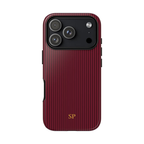 Personalized burgundy striped tough phone case with gold monogram