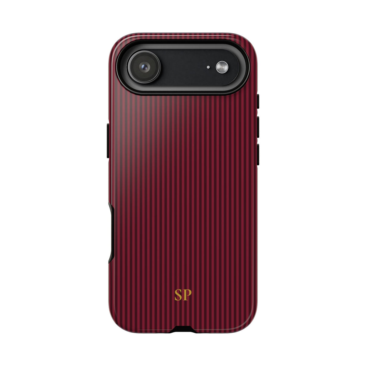 Burgundy pinstripe tough phone case shown from the back