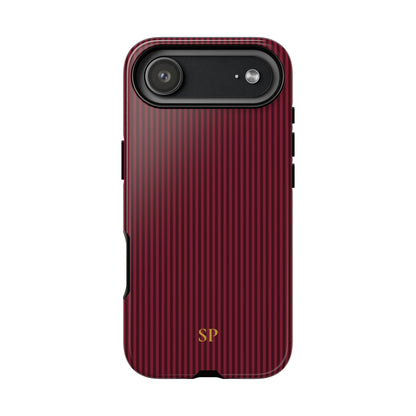 Burgundy pinstripe tough phone case shown from the back