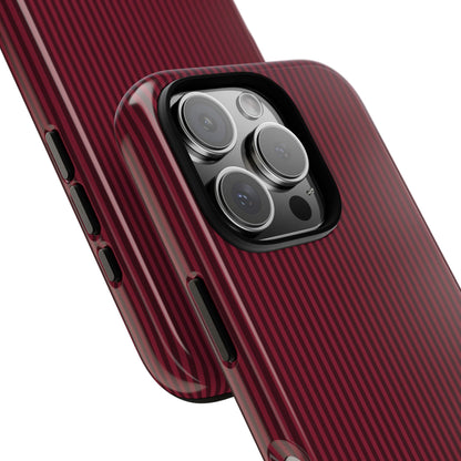 Burgundy striped personalized tough phone case held in hand