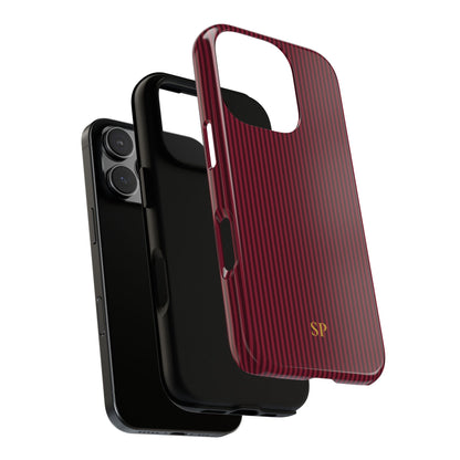 Monogrammed burgundy pinstripe tough phone case with warm gold initials