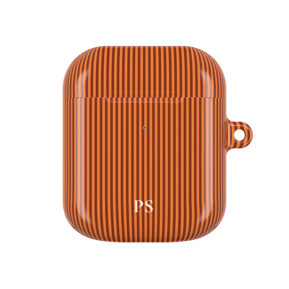 Burnt orange pinstripe AirPod case with carabiner clip