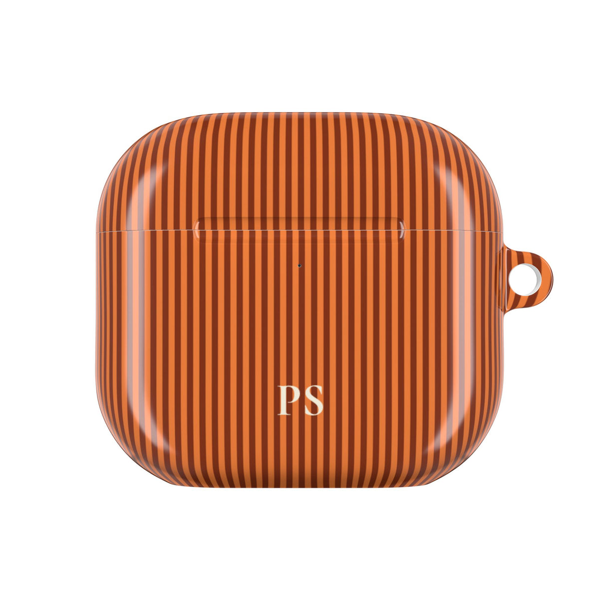 Monogrammed burnt orange striped AirPod case on a neutral background