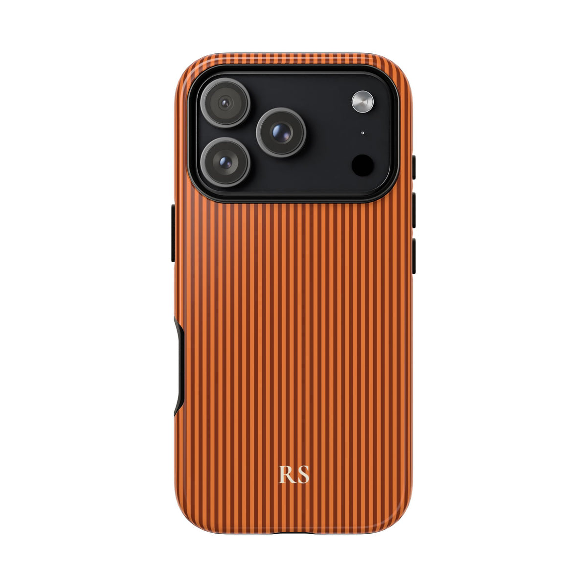 Personalized burnt orange striped tough phone case with cream monogram