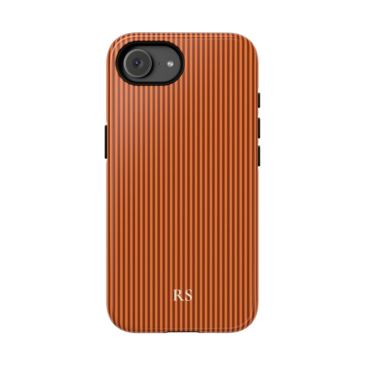 Burnt orange striped personalized tough phone case held in hand