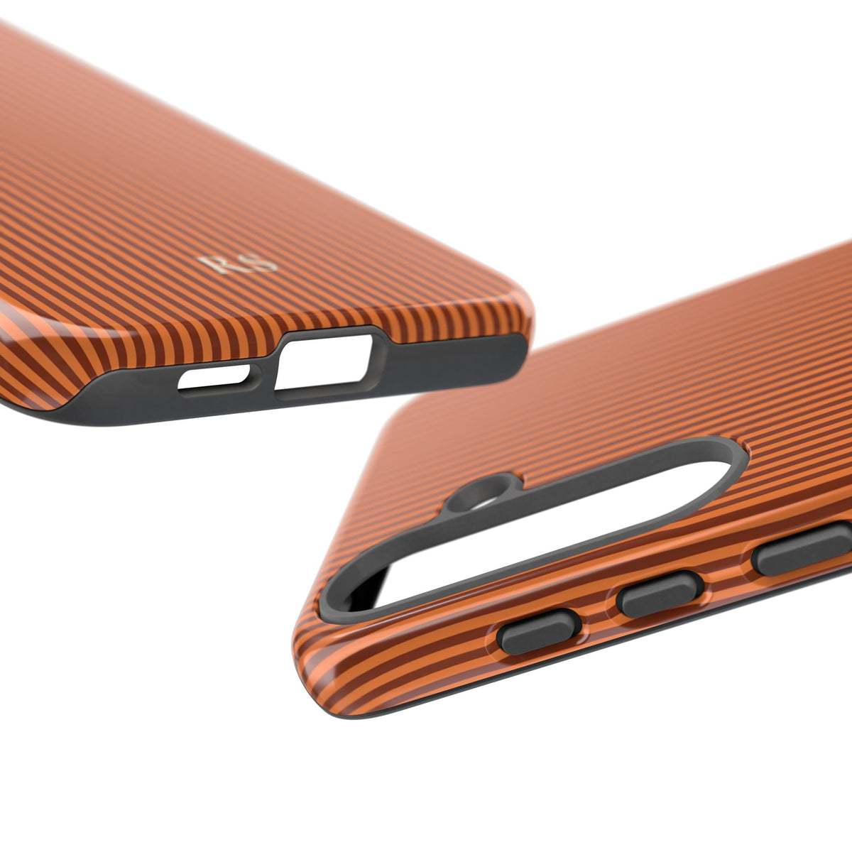 Monogrammed burnt orange striped tough phone case on a neutral background