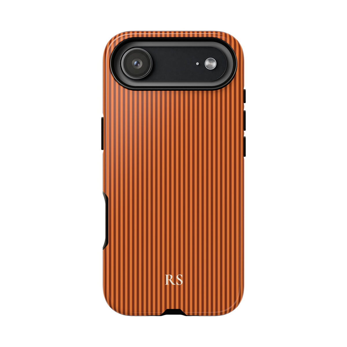 Burnt orange pinstripe print with cream initials on a dual layer phone case