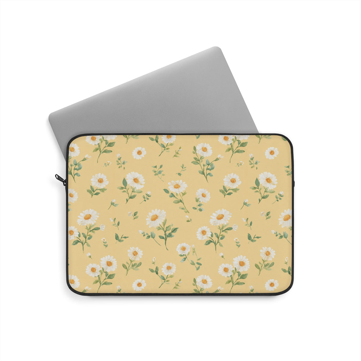 Watercolor daisy laptop sleeve with a black YKK zipper