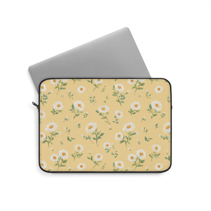 Watercolor daisy laptop sleeve with a black YKK zipper