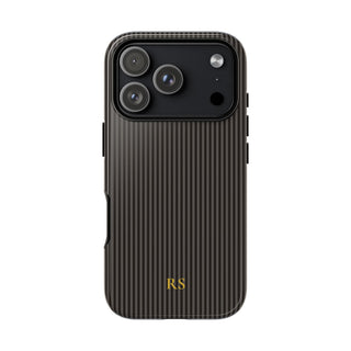 Personalized charcoal black striped tough phone case with gold monogram
