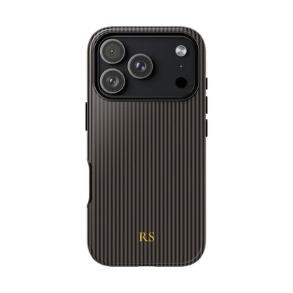 Personalized charcoal black striped tough phone case with gold monogram
