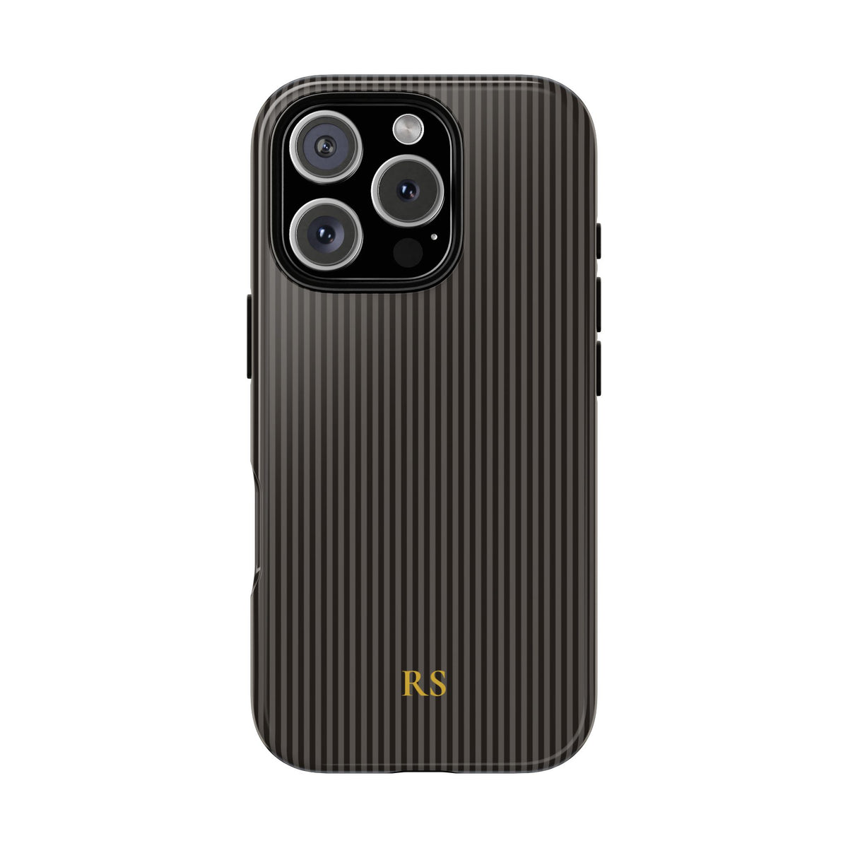 Charcoal black pinstripe tough phone case shown from the back