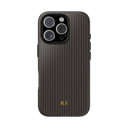 Charcoal black pinstripe tough phone case shown from the back