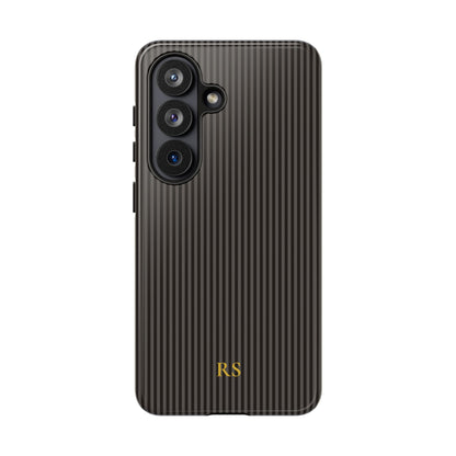 Black striped dual layer phone case with gold initials