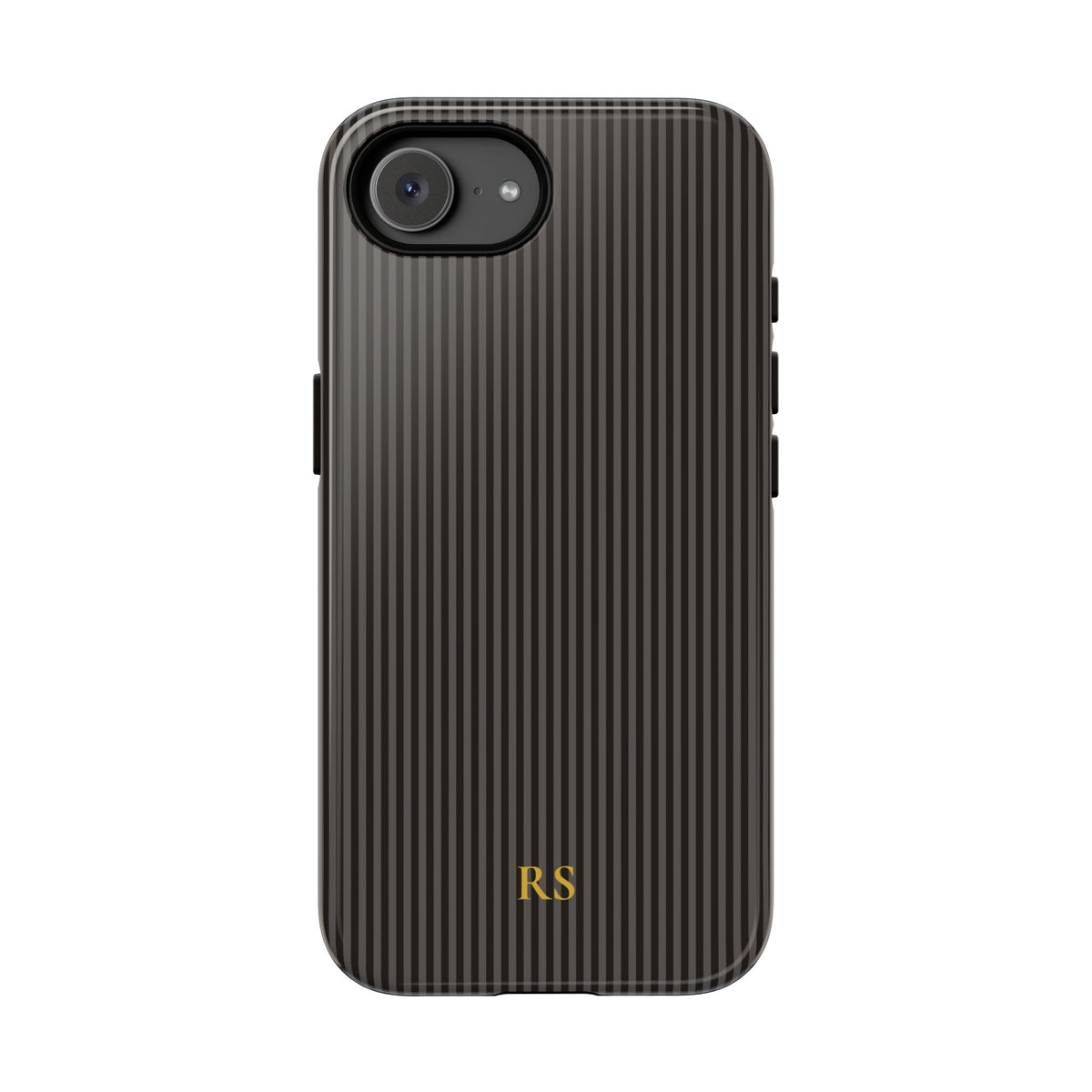 Charcoal striped personalized tough phone case held in hand