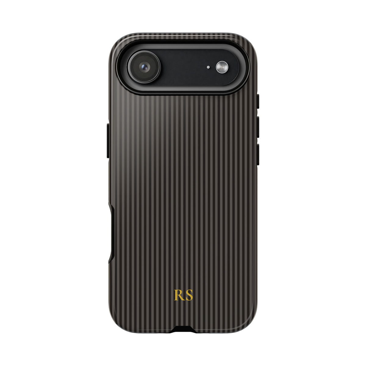 Charcoal black striped tough phone case side profile showing raised edges