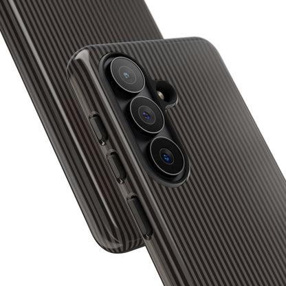Personalized black pinstripe tough phone case with initials in warm gold