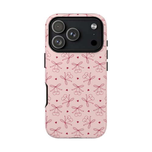 Cherry bow tough phone case in soft pink