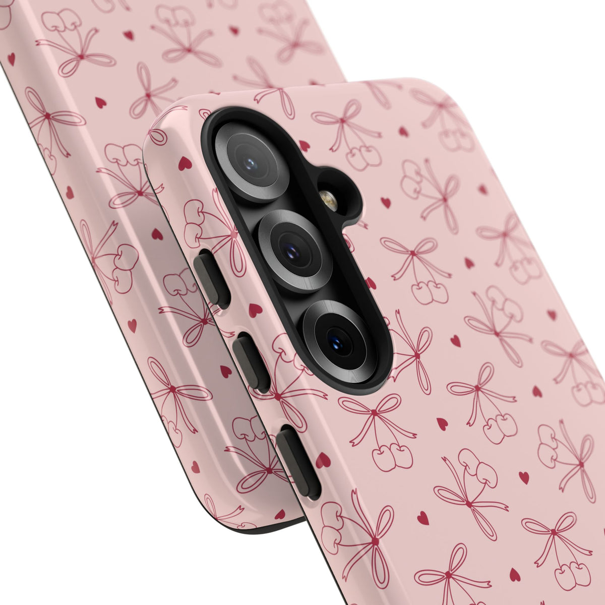 Pink cherry and bow phone case with tiny hearts