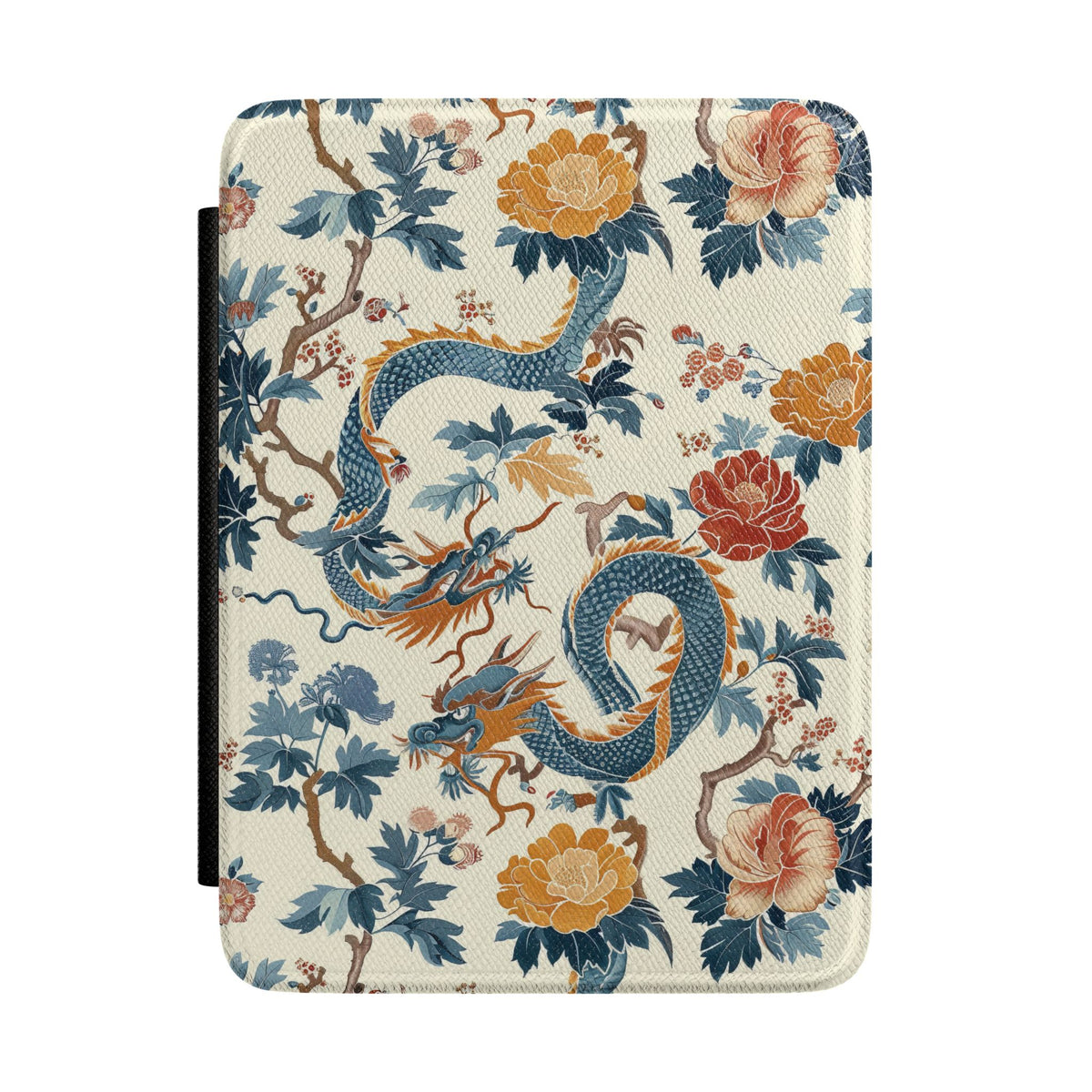 Chinoiserie dragon Kindle case with blue dragons and peonies on cream