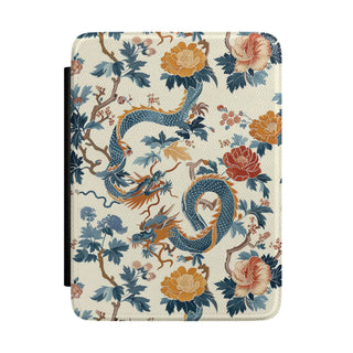 Chinoiserie dragon Kindle case with blue dragons and peonies on cream