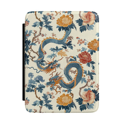 Chinoiserie dragon Kindle case with blue dragons and peonies on cream