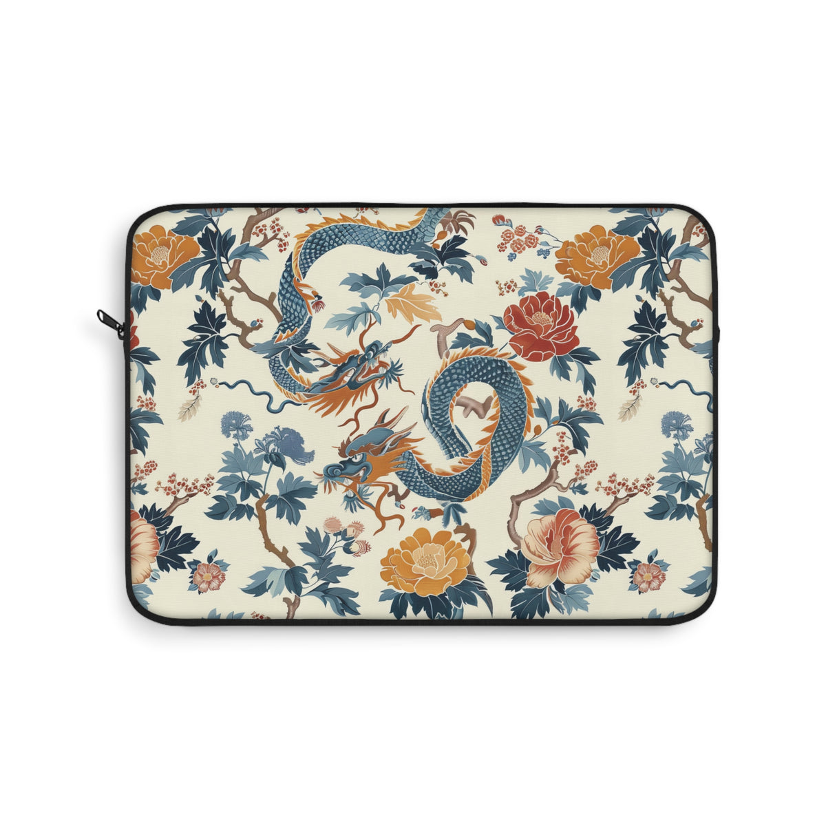 Chinoiserie dragon print laptop sleeve with blue dragons and peonies on cream