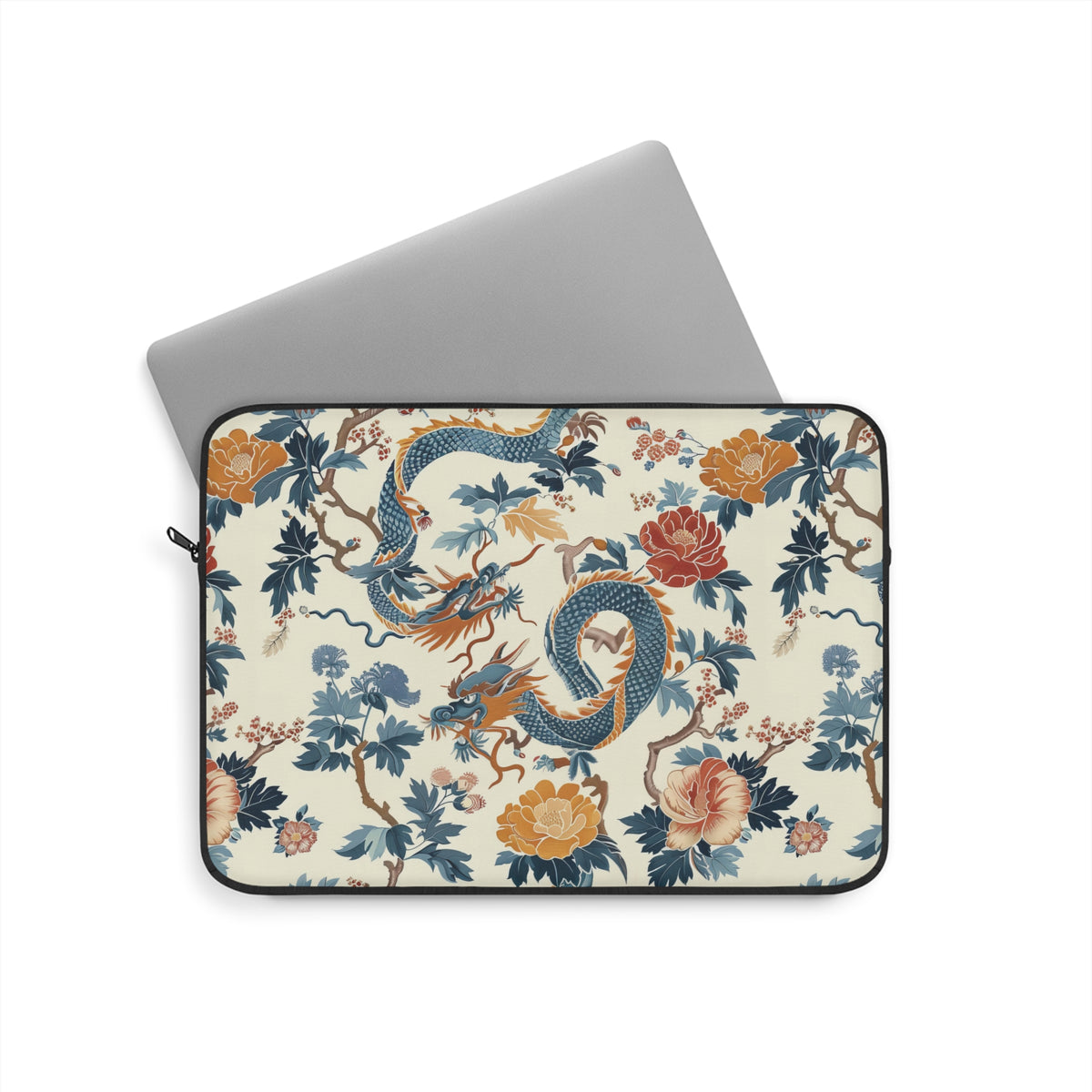 Chinoiserie dragon laptop sleeve held under the arm