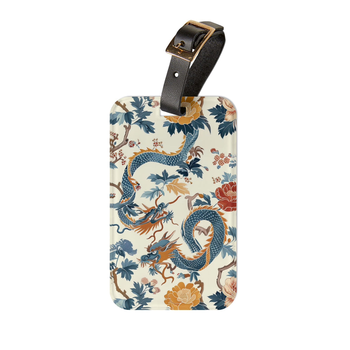Chinoiserie dragon acrylic luggage tag with black leather strap