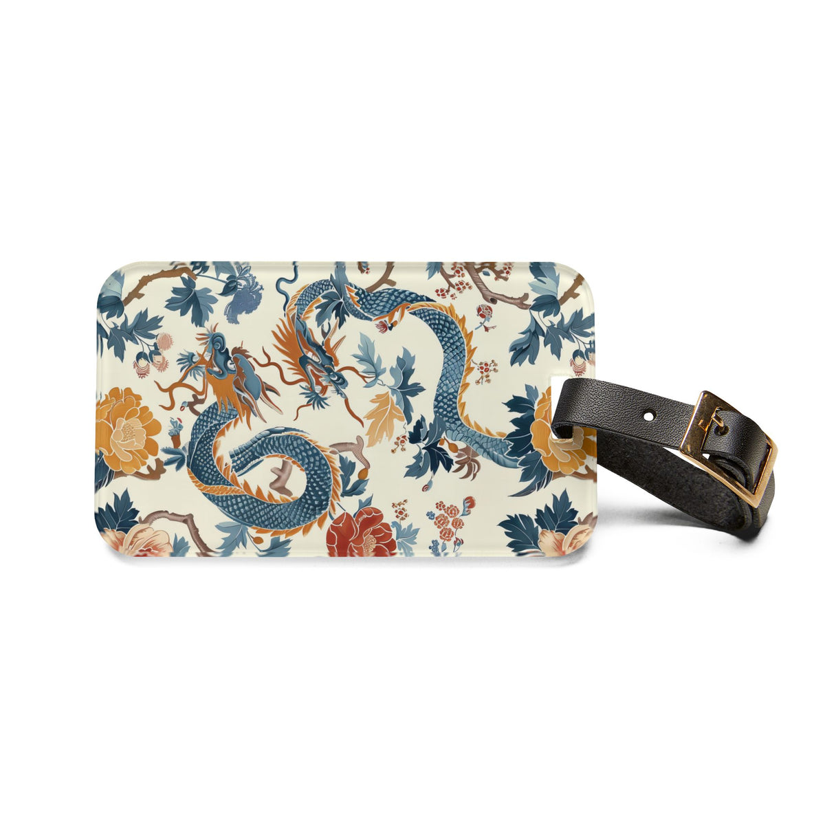 Chinoiserie dragon luggage tag front view with dragon and peony print